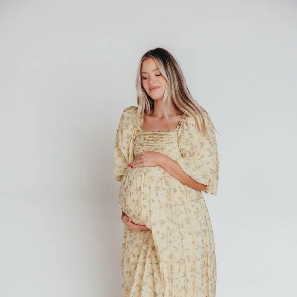 Melody Maxi Dress with Pleats and Bow Detail in Yellow Floral-Bump friendly